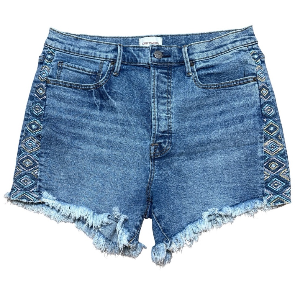 Driftwood Lulu Goldie Knoxville Aztec Embroidery Frayed Hem Jean Shorts Sz 29